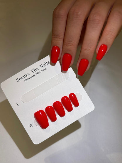 Secure The Nails True Red Press-on Nails Coffin Ballerina Shape Nails, Reusable Long-lasting Easy to Apply