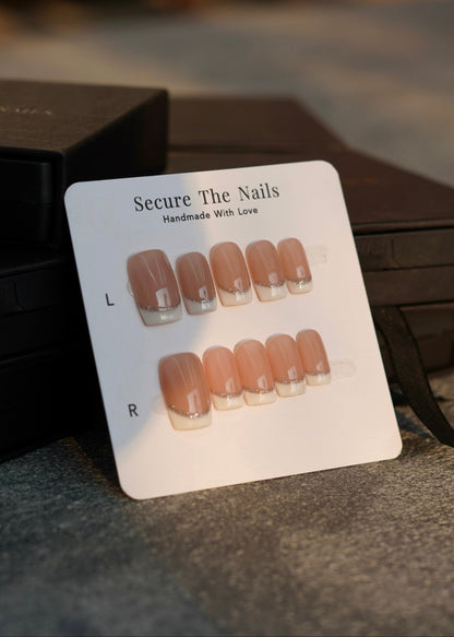 Square French Tip Press-on Nails with Glitter, Muted Nude Brown Nail Beds, Reusable Long-lasting | Secure The Nails