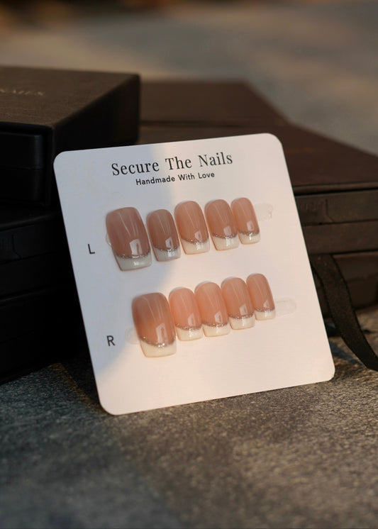 Square French Tip Press-on Nails with Glitter, Muted Nude Brown Nail Beds, Reusable Long-lasting | Secure The Nails