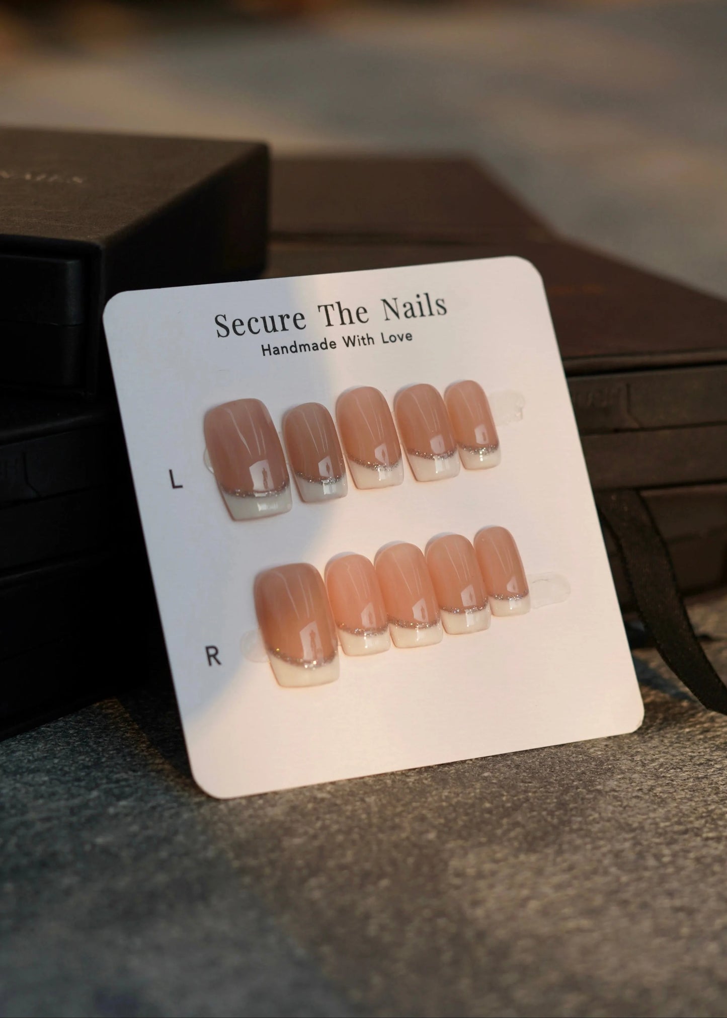 Short Square French Tip Press-on Nails with Glitter, Muted Nude Brown Nail Beds, Reusable High-Quality | Secure The Nails