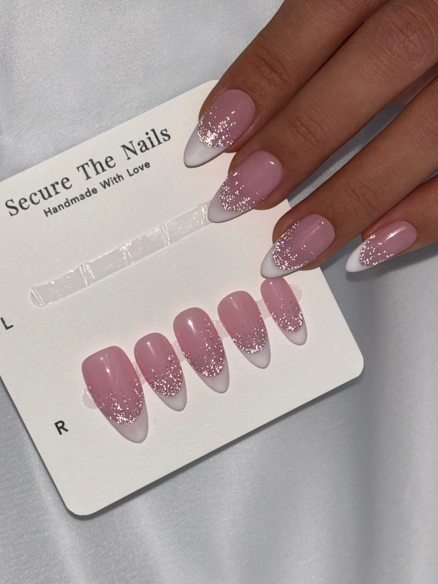 Unique Pink Almond French Tip Glitter Press On Nails, Reusable Long-lasting High Quality Easy to Apply